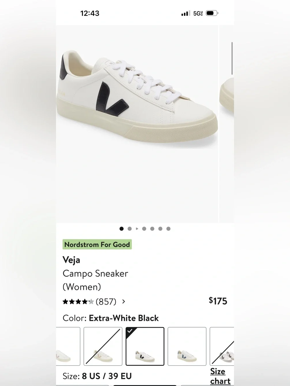 Veja Campo White Leather Sneakers with Black V Accent size 8 - 39